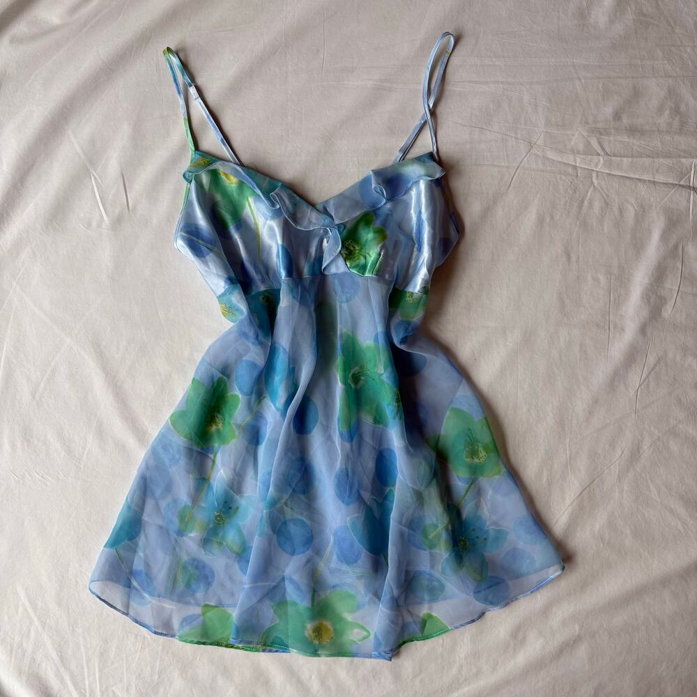 Y2K Blue Sheer Floral Babydoll Mini Dress Coquette Slip Dress - Size M